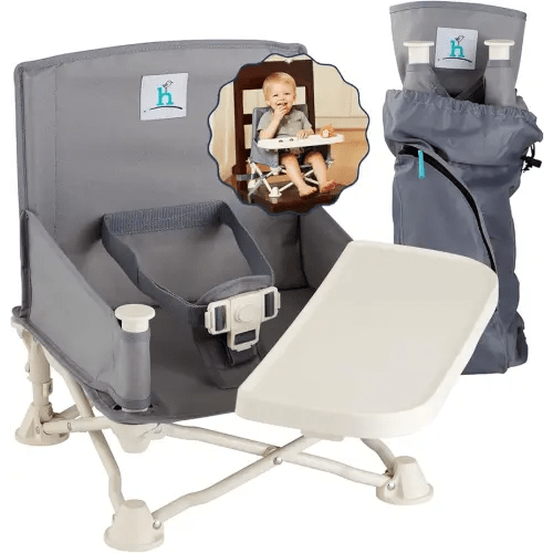 Hiccapop OmniBoost Travel Booster Seat with Tray for Baby, Dining Table, Camping, Beach, Grandma’s | Folding Portable Tip-Free Design Straps to Kitchen Chairs