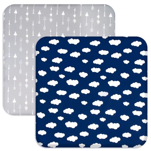 Square Playard/Playpen Fitted Sheets, Perfect for New Room2 / TotBloc Portable Playard, 2 Pack, Ultra Soft Microfiber, Fitted Playpen Sheet, Navy Cloud and Grey Arrow
