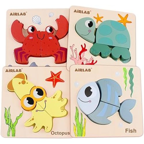 Wooden Puzzles for Toddlers Ocean Animals Montessori Toys Year Old Baby Girl Boy Gifts Educational Learning Bright Color Chunky Shape Puzzle Pack of 4