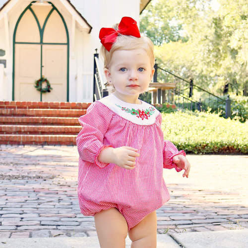 Holly Embroidered Red Gingham Yoke Bubble