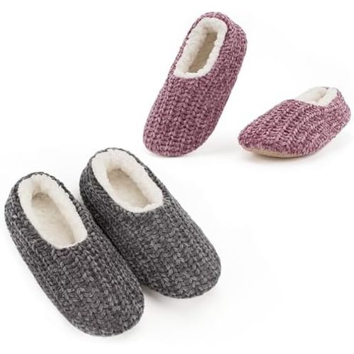 Cozylook 2-Pair Women's Soft Sole Slipper Socks with Grippers, Thick Warm Cozy Sherpa Lined Home Socks Set, Cable Knitted Non-slip Fluffy Winter House Bedroom Slippers