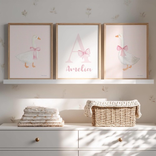 Pink bow goose, gingham nursery set of 3 art prints. Pale blue, lavender coquette girl room decor. Baby green wall art. Personalized gift.