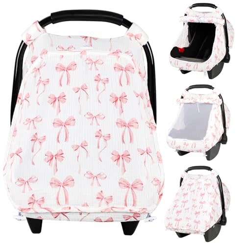 Car Seat Cover Baby Girls, Infant Car Seat Cover for Summer Use, Muslin Carseat Cover with Large Mesh Window, Breathable Newborn Car Seat Canopy, Pink Bow