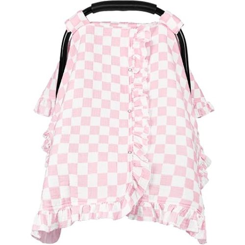 Muslin Car Seat Cover Baby Girls, Infant Carseat Cover for Summer Use, Breathable Newborn Car Seat Canopy, Pink Checkered