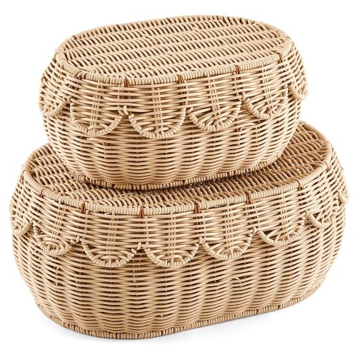 Juexica 2 Pcs Scalloped Rattan Baskets, Woven Rattan Wicker Storage Baskets with Lid for Nursery Storage diaper organizer Bathroom Decor(Natural)