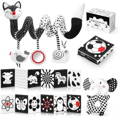 High Contrast Black and White Baby Toys 3-Piece Newborn Essentials Set with Hanging Toys,Rattle Crib Mobile,baby Book & Car Seat Stroller Toys for 0-3-6-12 Months Infant Development