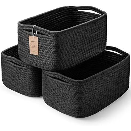 3-Pack Small Storage Baskets for Organizing | Woven Shelf Toy Basket | Rope Baskets for Gifts Empty | Closet Organizer Bins with Handles | Cube Decorative Box | 11.8×7.8×5.1” | Mixed Black