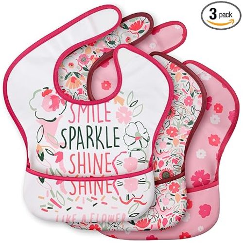 3-Pack Waterproof Baby Bibs for Eating - Mess Proof Lightweight Toddler Feeding Bibs with Large Food Catcher, Food-Grade Baby Eating Essentials, Easy to Put On & Clean(Pink Floral)