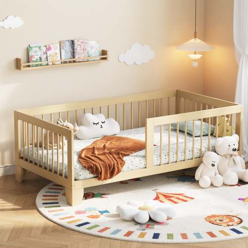Wooden 3-in-1 Montessori Toddler Floor Bed with Guard Rails