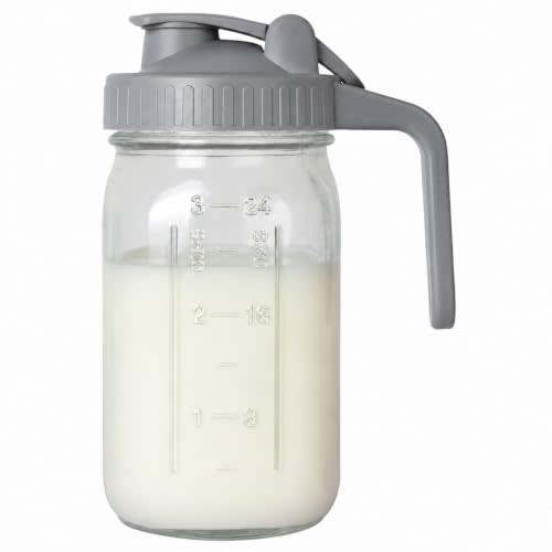 OneDream Breast Milk Pitcher 32oz Glass Pitcher with Lid, Formula Pitcher Leak Proof Drip-Free Spout, Wide Mouth Mason Jar Pitcher for Easy Pouring, Dishwasher Safe Breastmilk Storage Pitcher