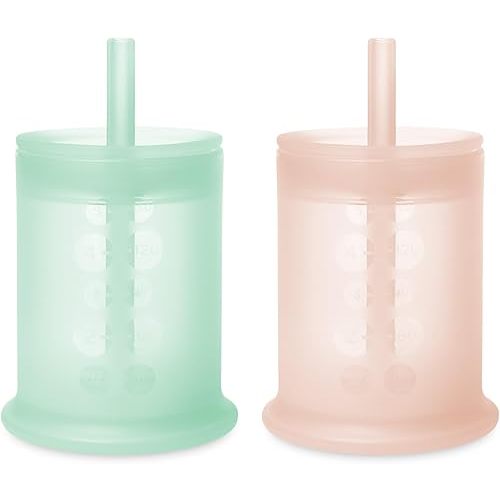Olababy Silicone Training Cup with Straw Lid Bundle 5oz Mint + 5oz Coral