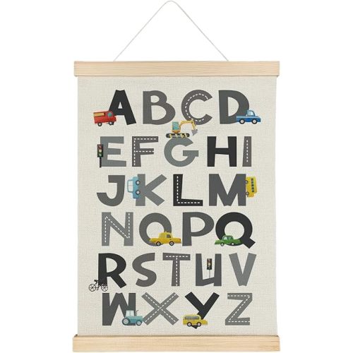 SereneHanctuary Car Alphabet Educational Learning Poster For Toddlers,Educational ABC Car Nursery Poster Hanger Frame for Nursery Boys Room Classroom Decor,12X16Inches