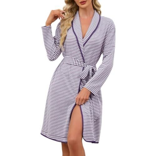 Womens Robe Cotton Srtiped Bathrobe with Pockets