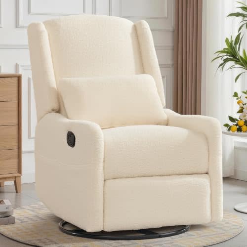 Korser Glider Recliner Rocking Chair, 360° Swivel Boucle Nursery Chair, Comfy Upholstered Recliner for Nursery, Living Room & Bedroom,Beige