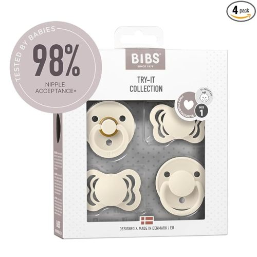 BIBS Try-It Collection | 4-Pack Soothers | BPA-Free Round, Anatomical & Symmetrical Nipple | Natural Rubber Latex/Silicone | Made in Denmark | 0-6 Months | Ivory