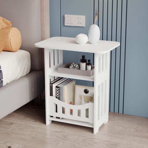 Isvgxsz White Nightstand with Fabric Drawer, Side Table for Small Spaces, 3 Tiers Storage Shelves End Table, Night Stand with Dresser, Tall 15.7" Bedside Table for Living Room, Bedroom, Dorm