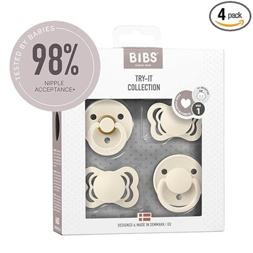 BIBS Try-It Collection | 4-Pack Soothers | BPA-Free Round, Anatomical & Symmetrical Nipple | Natural Rubber Latex/Silicone | Made in Denmark | 0-6 Months | Ivory