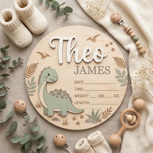 Personalized Dinosaur Birth Stats Sign, Custom Baby Birth Announcement Sign, Dinosaur Nursery Decor, Newborn Name Plaque, Baby Shower Gift