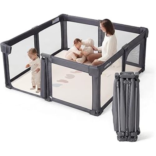 Baby Playpen Portable, Pre-Assembled Play Pen 59x59 Large Foldable Playpen for Babies and Toddlers, Sturdy and Safe Toddler Play Yard Indoor Outdoor with Carry Bag,Dark Grey