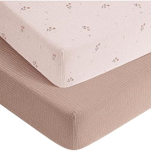 Susurration Muslin Crib Sheets 100% Cotton Baby Crib Sheets Fitted Standard Crib Mattress, Soft & Breathable Baby Sheets for Baby Girls Boys (Little Berry)