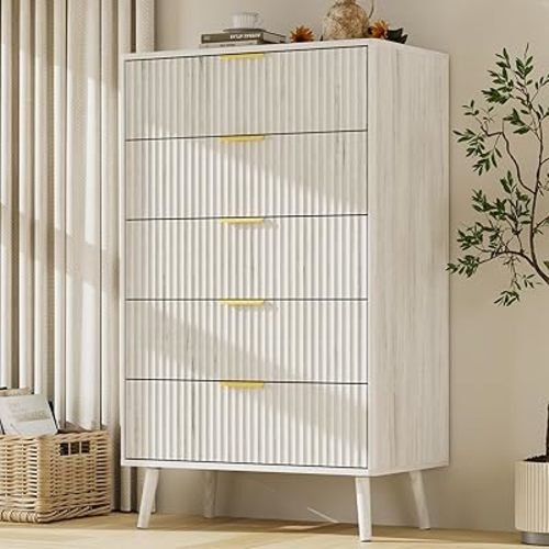 LYNSOM Fluted 5 Drawers Dresser, 45" Tall Modern Chest of Drawers with Curved Profile Design and Metal Handle, Wood Drawer Organizer for Bedroom, Living Room, Hallway, Entryway, White