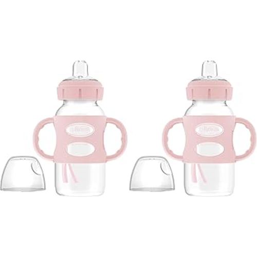 Dr. Brown's Milestones Wide-Neck Sippy Spout Bottle with 100% Silicone Handles, Easy-Grip Handles with Soft Sippy Spout, 9oz/270mL, Light-Pink, 2-Pack, 6m+