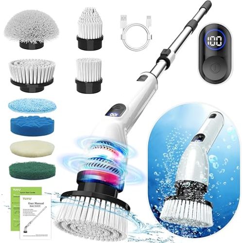 TUYU Electric Spin Scrubber, Full-Body IPX7 Waterproof Bathroom Scrubber with Power LCD Display, 8 Replacement Head, Adjustable Extension Handle, Cordless Shower Cleaner Brush for Bathtub Cleaning
