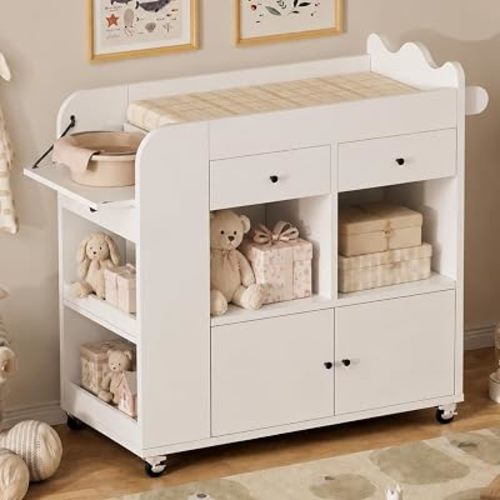 Baby Changing Table, 2 Drawers Nursery Changing Station with 4 Open Cubbies, Rolling Chest with Wheels, 43" W x 19.5" D x 40" H, White