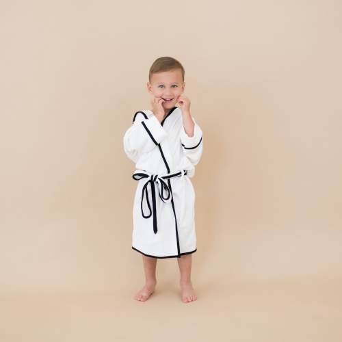 Hooded Bath Robe in Cloud with Midnight Trim