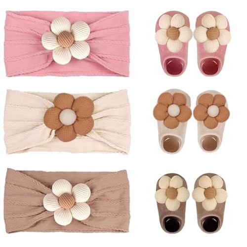 AModaTouch Baby Girl Cute Headband & Socks Combo - Non-Slip Floral Grips Socks & Soft Flower Nylon Hairbands, Essential Hair Accessories for Kids Infants (1-3 Years, Pink Beige khaki)