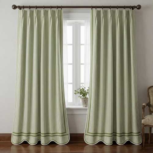 Ticking Stripe Pattern Scalloped + Double Border Embroidery Dust Ruffle- Curtain (Panel 1)