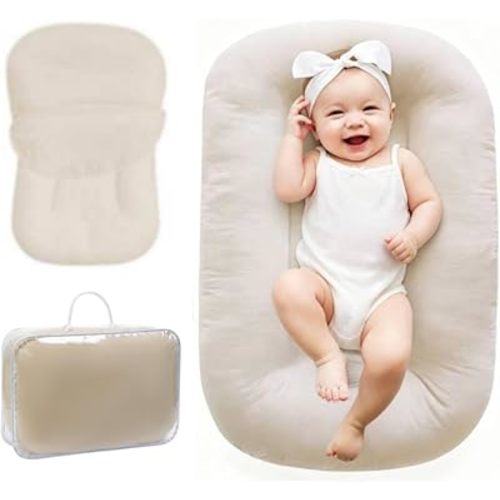 Baby Lounger 0-18 Months, Baby Lounger for Newborn, Soft Organic Cotton Breathable Lounger for Infants (White Baby Lounger)