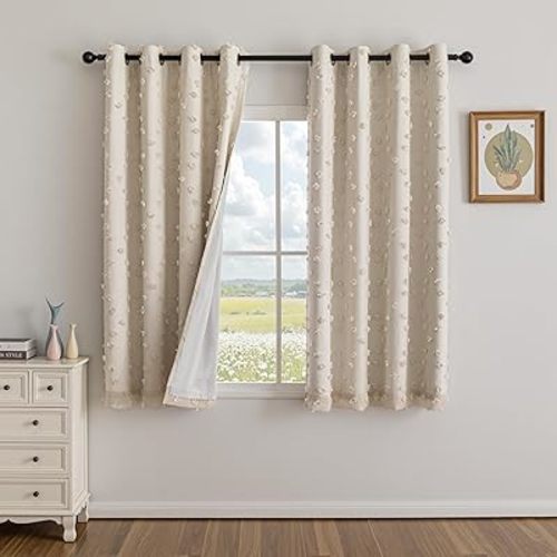 MYSKY HOME Beige Pom Pom Blackout Curtains for Girls Bedroom 63 Inch Long 100% Room Darkening Curtain for Kids Room 2 Panels Small Window Treatment Grommet 2 Layered Drapes Toddler 52W x 63L