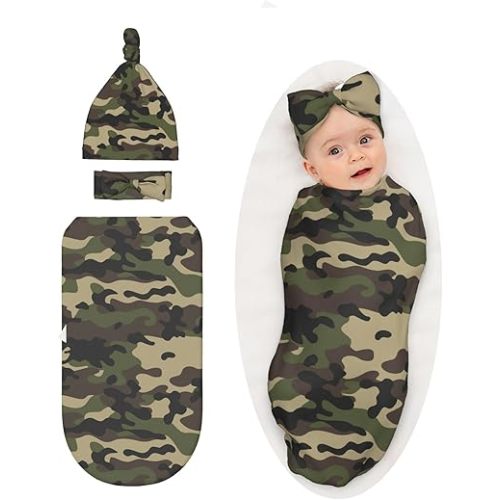 Camo Baby Stuff Swaddle Blanket with Headband and Beanie Set, Newborn Swaddle Sacks Infant Shower Gift for Boys Girls