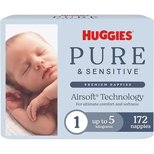 Huggies Pure & Senstive Newborn Nappies Size 1 (Up to 5Kg), 172 Ct