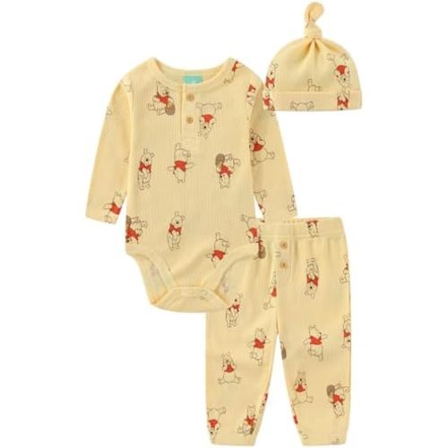 Disney Pooh Mickey Baby Boys Girls Bodysuit Pants and Cap 3 Pc Set Infants