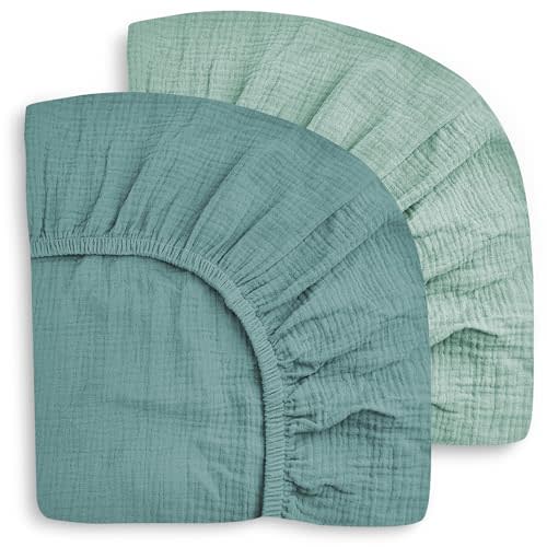 SWEET DOLPHIN 2-Pack Muslin Crib Sheets for Boys & Girls, Ultra Soft Breathable 40S Long-Staple Cotton Fitted Baby Sheets for Standard Crib Mattress 52"x28", Light Teal- Nursery Essentials