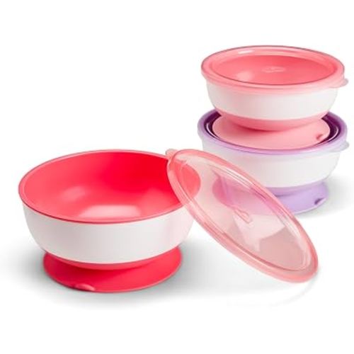 Munchkin Stay Put Munchkin Suction Baby Bowls with Lids - Dishes for Babies and Toddlers, Self-Feeding Bowl Set for Kids 6+ Months, 3 Pack, Pink/Purple