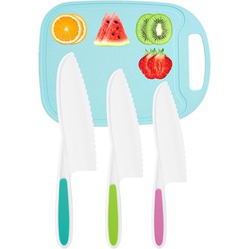 Kids Knife 4-Piece with Cutting Board - Toddler Knife Set Children's Cooking Nylon Knives - Serrated Edges and Firm Grip Suitable for Cutting Salad, Fruit, Cake, Lettuce (3 Sizes & Colors)