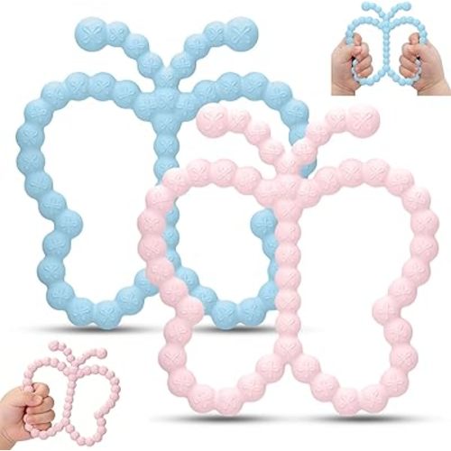 2 Pcs Baby Teething Toys Silicone Butterfly Teething Rings Over 3 Months - Baby Essentials Sensory Chew Toys -Baby Teether for Teething Relief -BPA Free Infant Toys Baby Shower Gifts (2, Pink,Blue)