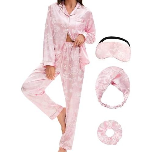 EPLAZA Silk Pajamas for Women Satin Pajamas Set 5 Pcs Long Sleeve Print Pattern Button Down Pjs Sleepwear Loungewear Set