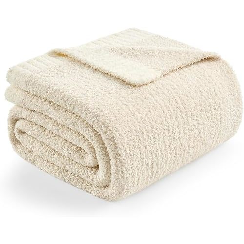 Snuggle Sac Buttery Ivory Throw Blanket for Couch, Reversible Super Soft Knitted Blankets, Warm Cozy Knit Fuzzy Plush Lightweight Throws Dupes for Sofa, Bed, Picnic, Ivory, 50 x 60 inches