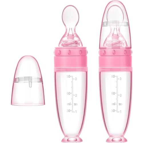 2 Pieces Silicone Baby Spoons Baby Feeding Spoon with Standing Base for Infant 0-24 Months Dispensing and Feeding (Pink)