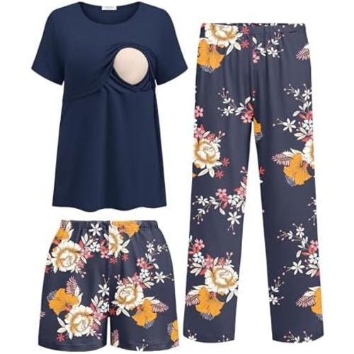 Ekouaer 3 Piece Postpartum Nursing Pajamas Set Short Sleeve Breastfeeding Shirts Pregnancy Shorts & Pants Maternity Pjs