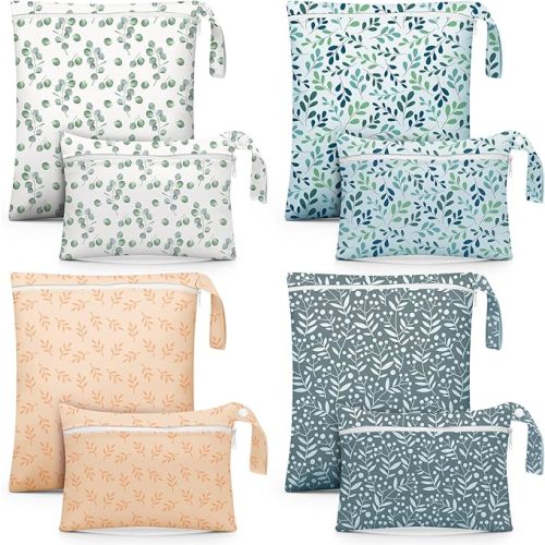 Reginary 8 Pack Wet Dry Bags Waterproof Reusable Travel Zipper Pouch for Baby Cloth Diapers, Swimsuits, Wet Clothes, Toiletries, Beach, Pool, Yoga Gym Bag, 2 Sizes (Leaf Style)