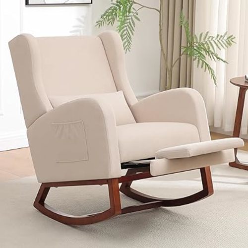 HCHAIRH Rocking Chair Nursery with Foot Rest, Glider Rocking Chair for Nursing, Upholstered Nursery Rocker with Side Pocket and High Back for Living Room Bedroom (Beige)