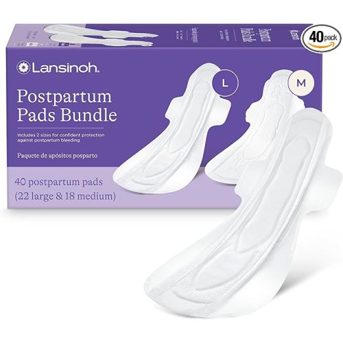 Lansinoh Postpartum Maxi Pads Bundle, 40 Count, Heavy Absorbency Overnight Pads with Wings, Includes 2 Sizes for Extra Protection, Postpartum Essentials
