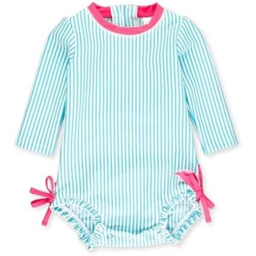 RuffleButts Baby-Girls Seersucker Long Sleeve Rash Guard - One Piece Swimsuit UPF 50+ Toddler