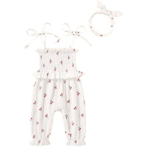 YOUNGER TREE Newborn Baby Girl Clothes Summer Sleeveless Smocked Romper with Headband Toddler Jumpsuit Outfits