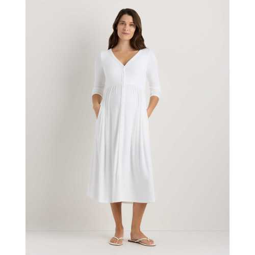 Bamboo Rib Maternity Long Sleeve Button Front Dress - Maternity in Classic White